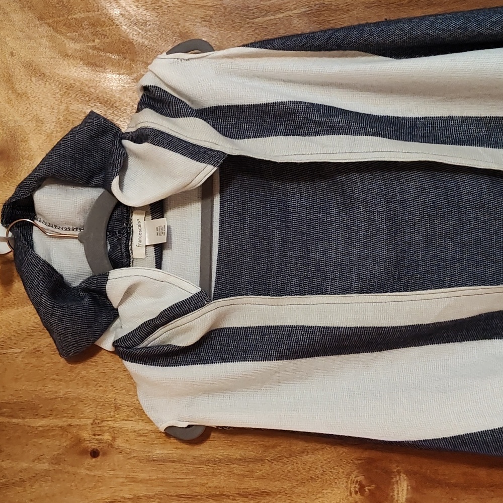 Francesca's Hooded Shawl Navy Cream Color Block Waterfall High-Low Hem Fringe OS - Picture 2 of 12
